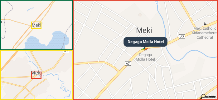 Map showing the address of Degaga Molla Hotel in three different zoom levels.