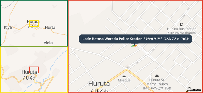 Map showing the address of Lode Hetosa Woreda Police Station / የሎዴ ሄጦሳ ወረዳ ፖሊስ ጣቢያ in three different zoom levels.