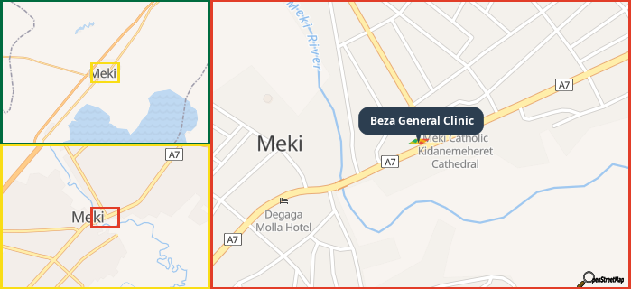 Map showing the address of Beza General Clinic in three different zoom levels.