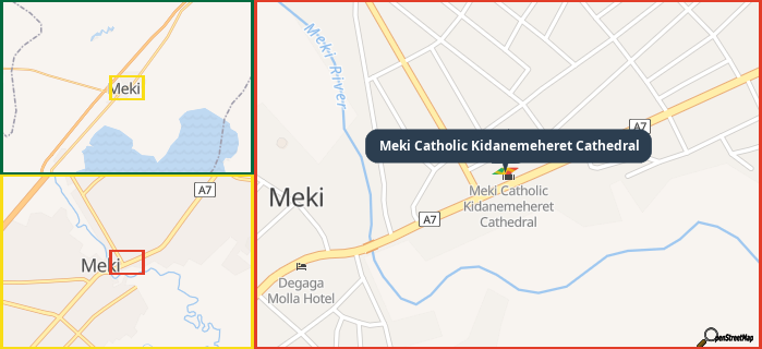 Map showing the address of Meki Catholic Kidanemeheret Cathedral in three different zoom levels.