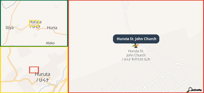 Map showing the address of Huruta St. John Church in three different zoom levels.