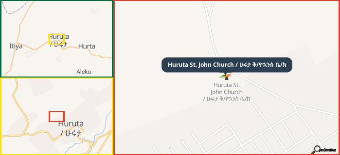 Map showing the address of Huruta St. John Church / ሁሩታ ቅ/ዮኋንስ ቤ/ክ in three different zoom levels.
