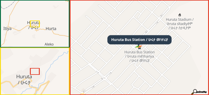 Map showing the address of Huruta Bus Station / ሁሩታ መነሃሪያ in three different zoom levels.