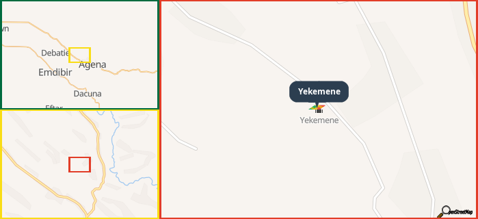 Map showing the address of Yekemene in three different zoom levels.
