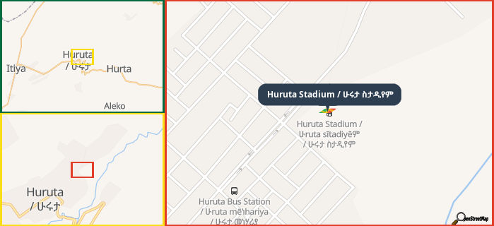 Map showing the address of Huruta Stadium / ሁሩታ ስታዲየም in three different zoom levels.
