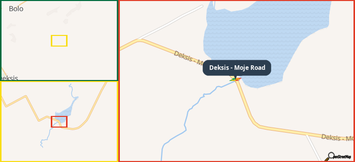 Map showing the address of Deksis - Moje Road in three different zoom levels.