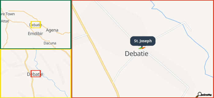 Map showing the address of St. Joseph in three different zoom levels.