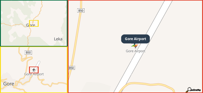 Map showing the address of Gore Airport in three different zoom levels.