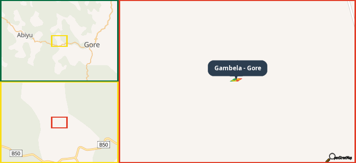 Map showing the address of Gambela - Gore in three different zoom levels.
