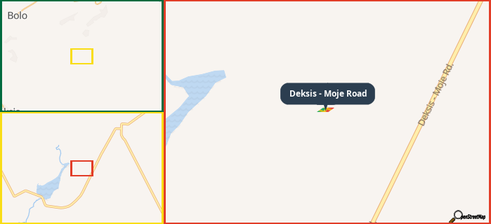 Map showing the address of Deksis - Moje Road in three different zoom levels.