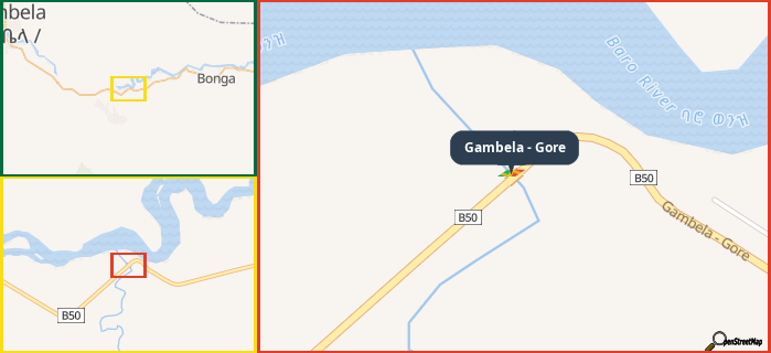 Map showing the address of Gambela - Gore in three different zoom levels.