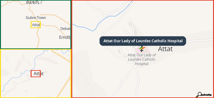 Map showing the address of Attat Our Lady of Lourdes Catholic Hospital in three different zoom levels.