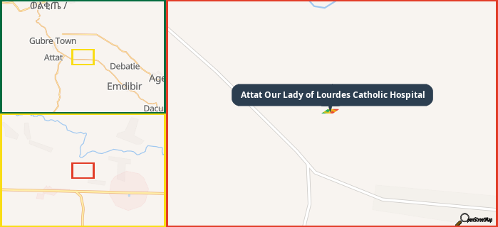Map showing the address of Attat Our Lady of Lourdes Catholic Hospital in three different zoom levels.