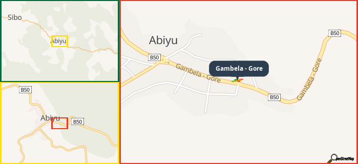 Map showing the address of Gambela - Gore in three different zoom levels.