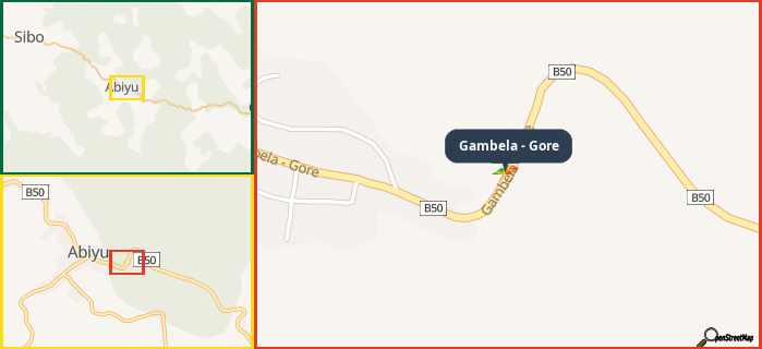 Map showing the address of Gambela - Gore in three different zoom levels.