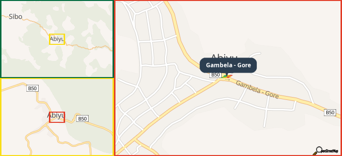 Map showing the address of Gambela - Gore in three different zoom levels.