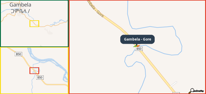 Map showing the address of Gambela - Gore in three different zoom levels.