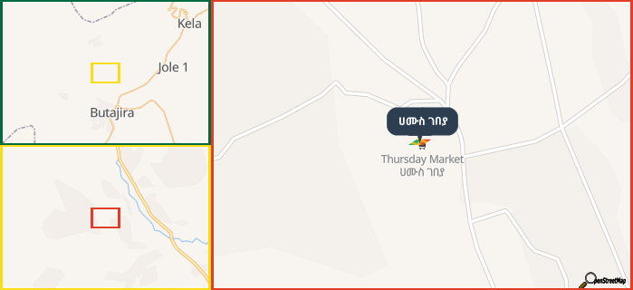 Map showing the address of ሀሙስ ገበያ in three different zoom levels.