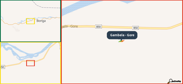 Map showing the address of Gambela - Gore in three different zoom levels.