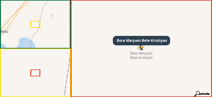 Map showing the address of Bora Maryam Bete Kristiyan in three different zoom levels.