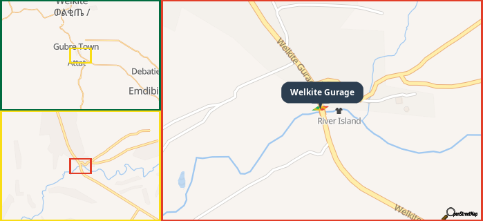 Map showing the address of Welkite Gurage in three different zoom levels.
