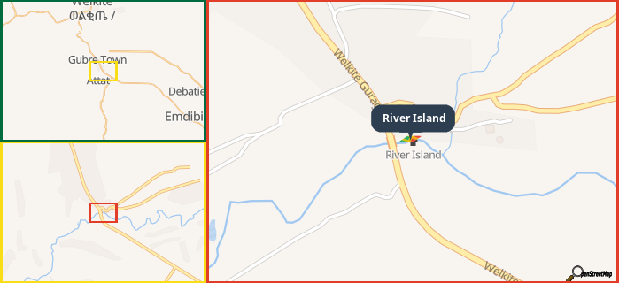 Map showing the address of River Island in three different zoom levels.