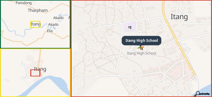 Map showing the address of Itang High School in three different zoom levels.
