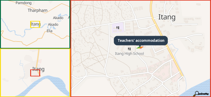 Map showing the address of Teachers' accommodation in three different zoom levels.