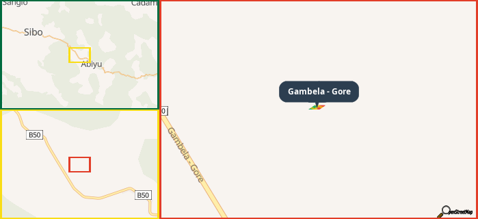 Map showing the address of Gambela - Gore in three different zoom levels.