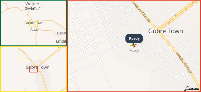 Map showing the address of Roady in three different zoom levels.