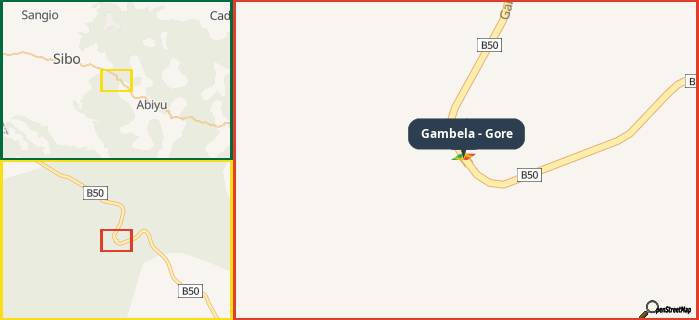 Map showing the address of Gambela - Gore in three different zoom levels.