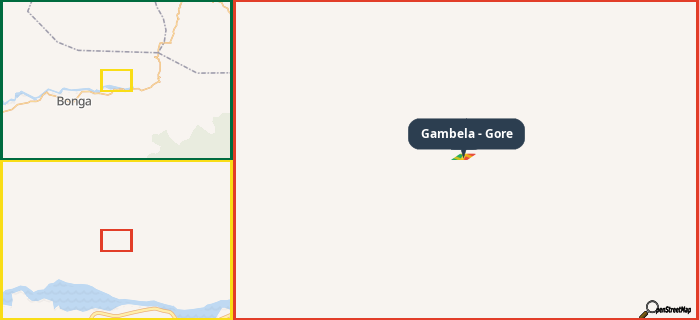 Map showing the address of Gambela - Gore in three different zoom levels.