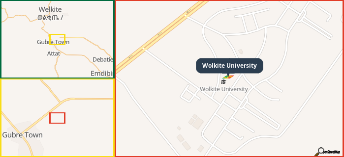 Map showing the address of Wolkite University in three different zoom levels.