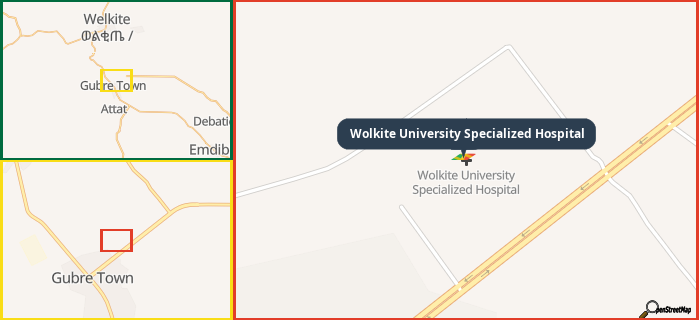 Map showing the address of Wolkite University Specialized Hospital in three different zoom levels.