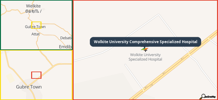 Map showing the address of Wolkite University Comprehensive Specialized Hospital in three different zoom levels.