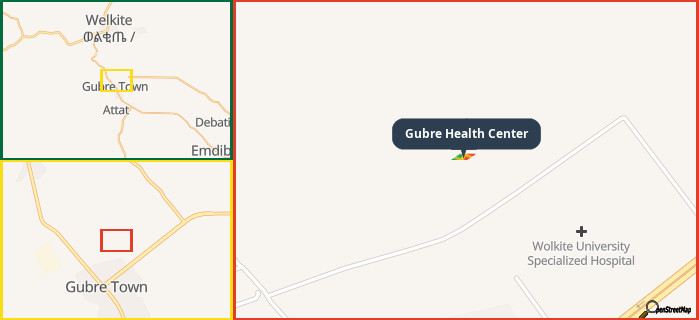 Map showing the address of Gubre Health Center in three different zoom levels.