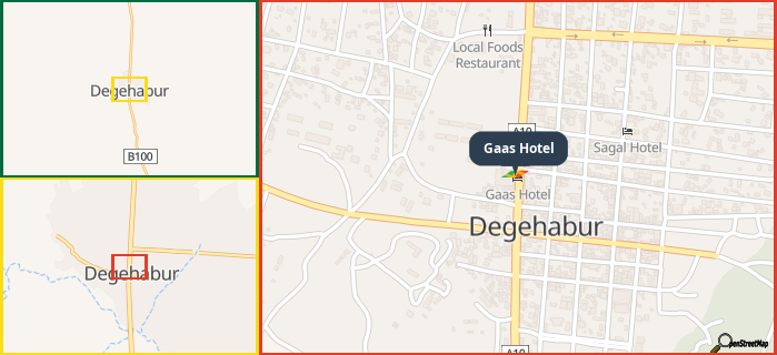 Map showing the address of Gaas Hotel in three different zoom levels.
