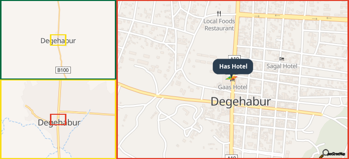 Map showing the address of Has Hotel in three different zoom levels.