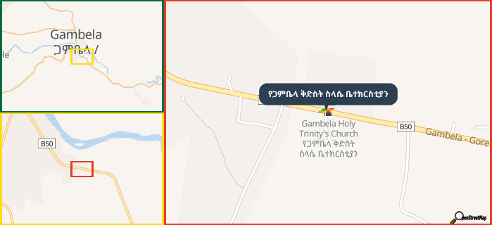 Map showing the address of የጋምቤላ ቅድስት ስላሴ ቤተክርስቲያን in three different zoom levels.