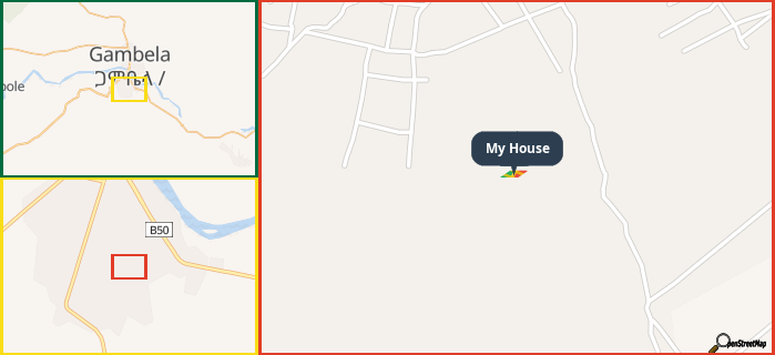 Map showing the address of My House in three different zoom levels.