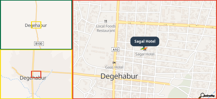 Map showing the address of Sagal Hotel in three different zoom levels.