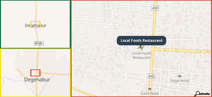 Map showing the address of Local Foods Restaurant in three different zoom levels.