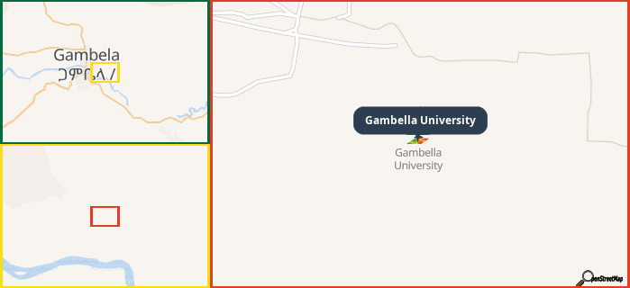 Map showing the address of Gambella University in three different zoom levels.