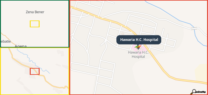 Map showing the address of Hawaria H.C. Hospital in three different zoom levels.