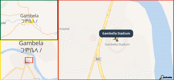 Map showing the address of Gambella Stadium in three different zoom levels.