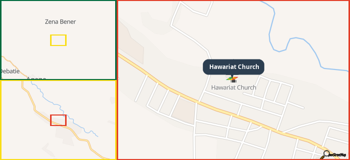 Map showing the address of Hawariat Church in three different zoom levels.