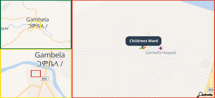 Map showing the address of Childrens Ward in three different zoom levels.