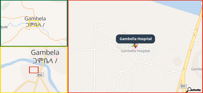 Map showing the address of Gambella Hospital in three different zoom levels.