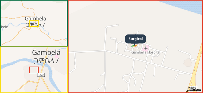 Map showing the address of Surgical in three different zoom levels.