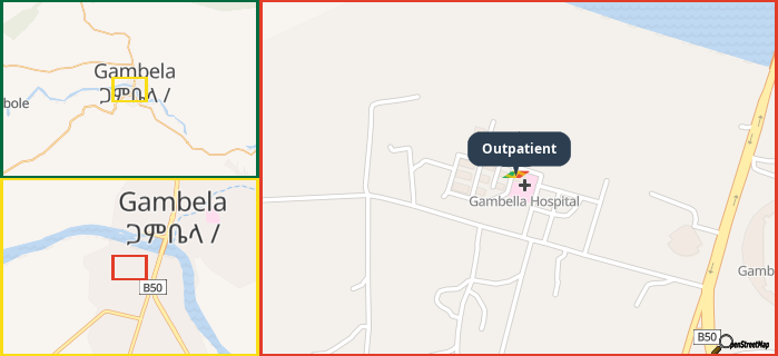 Map showing the address of Outpatient in three different zoom levels.